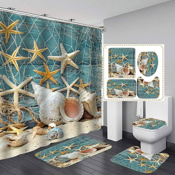 Starfish Fishing Net Shower Curtain Bath Mat Toilet Cover Rug Bathroom Decor